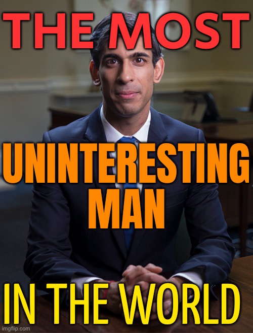 The Most Uninteresting Man In The World | THE MOST; UNINTERESTING
MAN; IN THE WORLD | image tagged in chancellor rishi sunak,stories,politics lol,scumbag europe,scumbag america,election | made w/ Imgflip meme maker