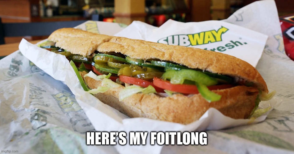 subway | HERE’S MY FOOT LONG | image tagged in subway | made w/ Imgflip meme maker