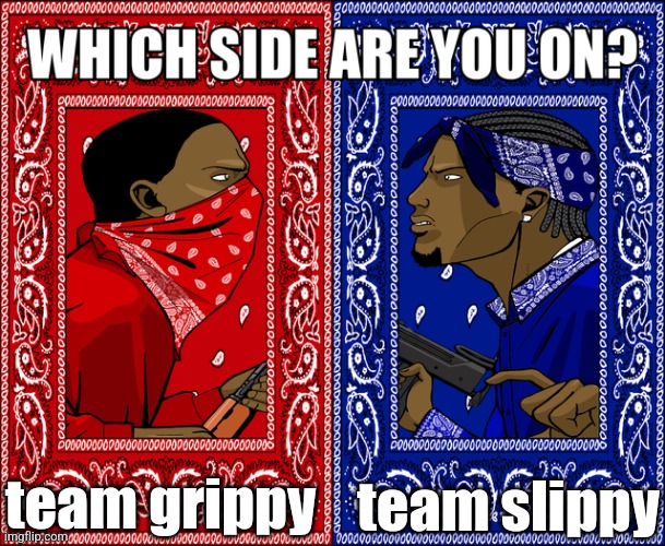WHICH SIDE ARE YOU ON? | team grippy; team slippy | image tagged in which side are you on | made w/ Imgflip meme maker