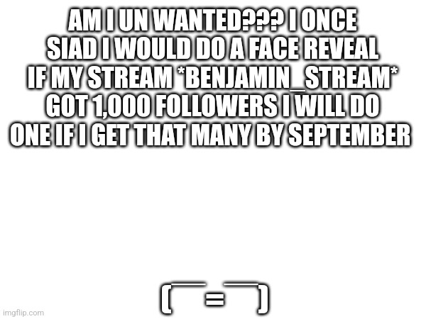 AM I UN WANTED??? I ONCE SIAD I WOULD DO A FACE REVEAL IF MY STREAM *BENJAMIN_STREAM* GOT 1,000 FOLLOWERS I WILL DO ONE IF I GET THAT MANY BY SEPTEMBER; (￣=￣) | made w/ Imgflip meme maker