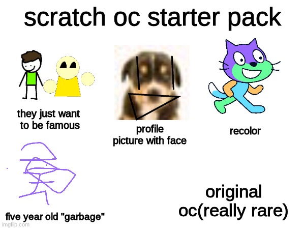 scratch oc starter pack; they just want 
to be famous; profile picture with face; recolor; original oc(really rare); five year old "garbage" | made w/ Imgflip meme maker