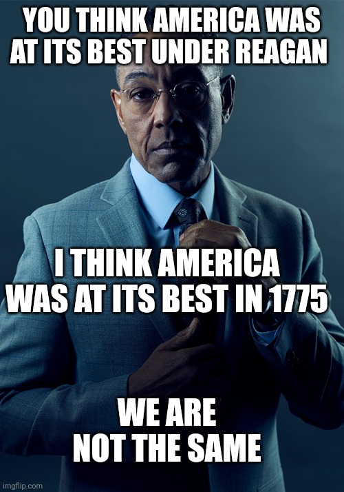 We are not the same | YOU THINK AMERICA WAS AT ITS BEST UNDER REAGAN; I THINK AMERICA WAS AT ITS BEST IN 1775; WE ARE NOT THE SAME | image tagged in we are not the same | made w/ Imgflip meme maker