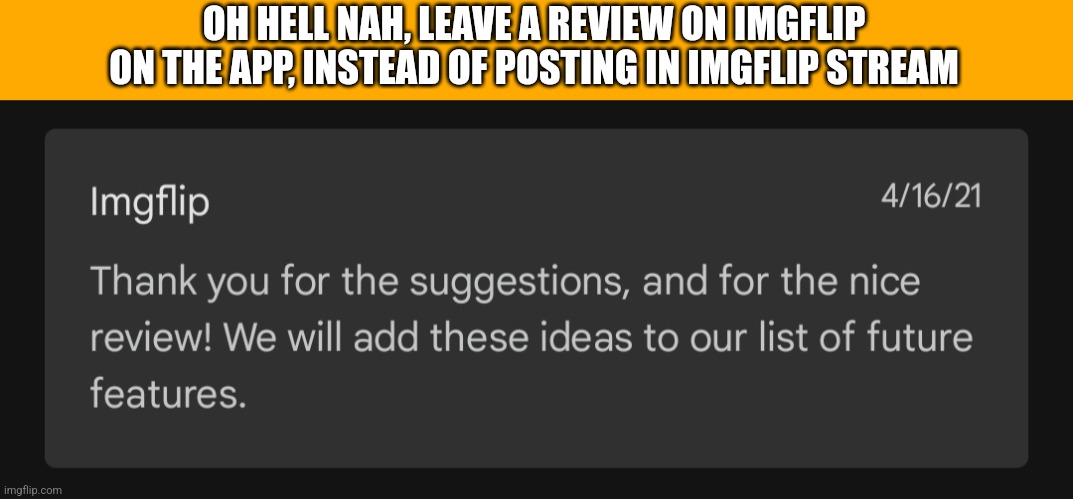 Damn | OH HELL NAH, LEAVE A REVIEW ON IMGFLIP ON THE APP, INSTEAD OF POSTING IN IMGFLIP STREAM | made w/ Imgflip meme maker