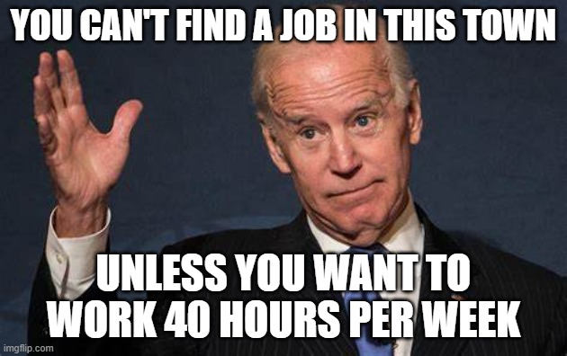 JoeBiden | YOU CAN'T FIND A JOB IN THIS TOWN; UNLESS YOU WANT TO WORK 40 HOURS PER WEEK | image tagged in joebiden,hunterbiden,2024presidentialelection | made w/ Imgflip meme maker