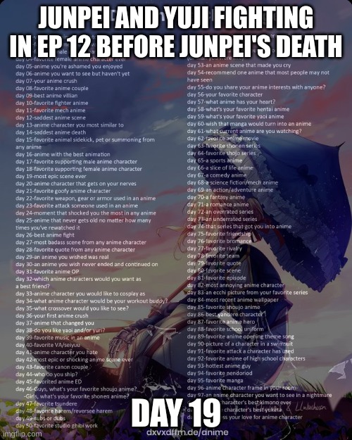 Rip Junpei ? | JUNPEI AND YUJI FIGHTING IN EP 12 BEFORE JUNPEI'S DEATH; DAY 19 | image tagged in 100 day anime challenge | made w/ Imgflip meme maker