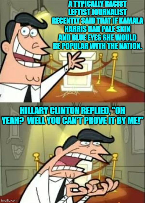 Face facts leftists.  It's the personality and not the skin tone or eye color. | A TYPICALLY RACIST LEFTIST JOURNALIST RECENTLY SAID THAT IF KAMALA HARRIS HAD PALE SKIN AND BLUE EYES SHE WOULD BE POPULAR WITH THE NATION. HILLARY CLINTON REPLIED, "OH YEAH?  WELL YOU CAN'T PROVE IT BY ME!" | image tagged in this is where i'd put my trophy if i had one | made w/ Imgflip meme maker