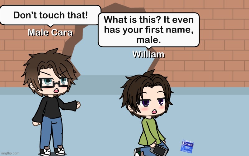 Male Cara's cousin William saw his cousin's first name, which is Male, on something very weird. Male Cara said don't touch that! | image tagged in pop up school 2,pus2,male cara,william,deikmann,curiosity | made w/ Imgflip meme maker