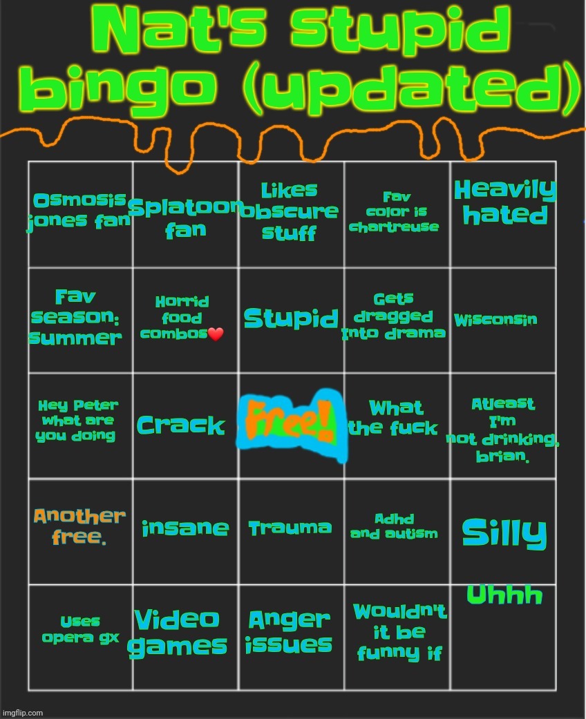 Nat's stupid bingo updated | image tagged in nat's stupid bingo updated | made w/ Imgflip meme maker