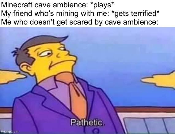I mean, come on. All Minecraft veterans should know that cave ambience is caused by the game client, not by an entity | Minecraft cave ambience: *plays*
My friend who’s mining with me: *gets terrified*
Me who doesn’t get scared by cave ambience: | image tagged in skinner pathetic,minecraft,gaming | made w/ Imgflip meme maker