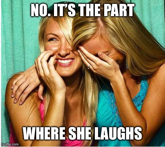 Laughing Girls | NO. IT’S THE PART WHERE SHE LAUGHS | image tagged in laughing girls | made w/ Imgflip meme maker