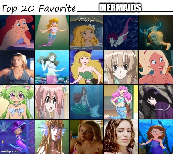 top 20 favorite mermaids | image tagged in top 20 favorite mermaids,the little mermaid,anime,cartoons,live action,ladies | made w/ Imgflip meme maker