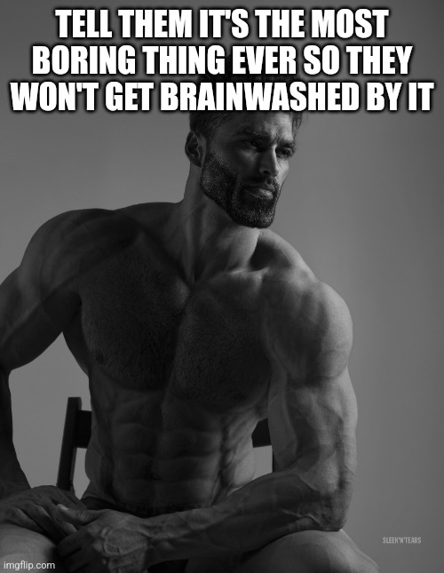 Giga Chad | TELL THEM IT'S THE MOST BORING THING EVER SO THEY WON'T GET BRAINWASHED BY IT | image tagged in giga chad | made w/ Imgflip meme maker