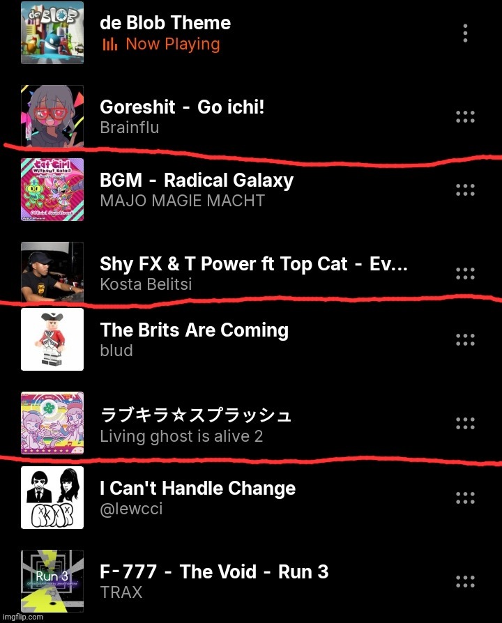 Vote for what playlist transition is the foulest. (If I click shuffle im dead) | image tagged in gee guys,i think i have horrid music taste | made w/ Imgflip meme maker
