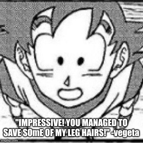 yeahg | "IMPRESSIVE! YOU MANAGED TO SAVE SOmE OF MY LEG HAIRS!" -vegeta | image tagged in yeahg | made w/ Imgflip meme maker