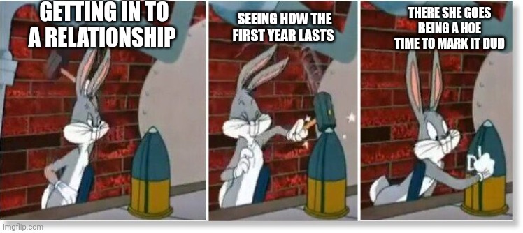 Relationships be like lasting a single year | GETTING IN TO A RELATIONSHIP; SEEING HOW THE FIRST YEAR LASTS; THERE SHE GOES BEING A HOE TIME TO MARK IT DUD | image tagged in dud detector,relationships,hoes,bug's bunny testing bombs,relationship memes | made w/ Imgflip meme maker