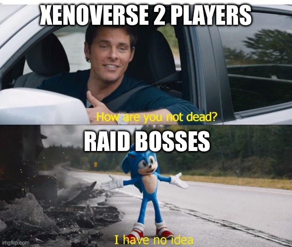 sonic how are you not dead | XENOVERSE 2 PLAYERS; RAID BOSSES | image tagged in sonic how are you not dead | made w/ Imgflip meme maker