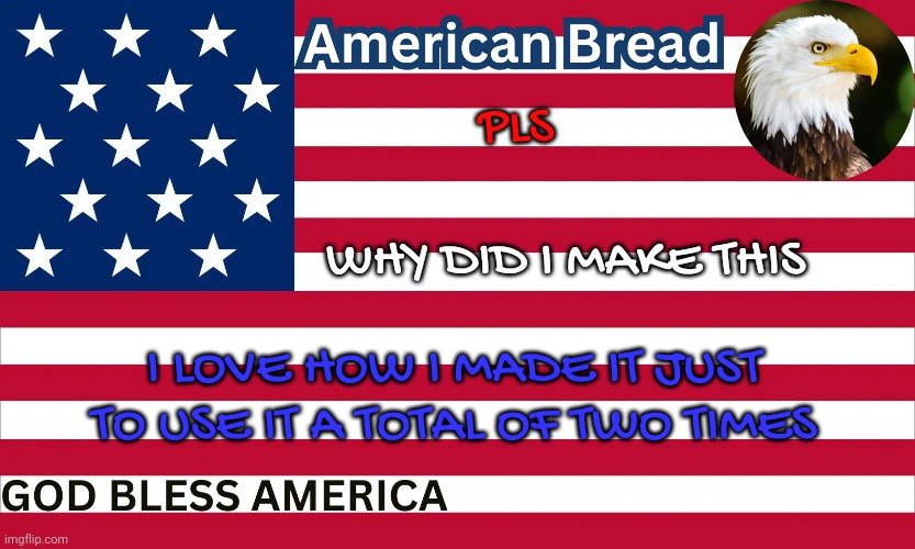 I committed to the bit a little too hard | WHY DID I MAKE THIS; PLS; I LOVE HOW I MADE IT JUST TO USE IT A TOTAL OF TWO TIMES | image tagged in bread's america cawww temp | made w/ Imgflip meme maker