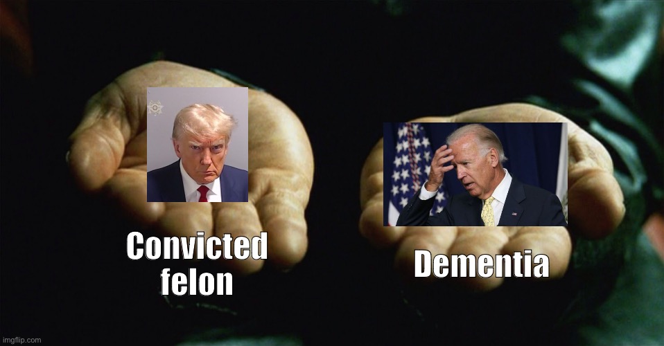 FREEDOM RAAHHHH | Convicted felon; Dementia | image tagged in red pill blue pill | made w/ Imgflip meme maker