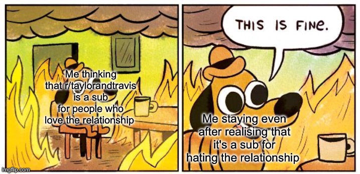 This Is Fine Meme | Me thinking that r/taylorandtravis is a sub for people who love the relationship; Me staying even after realising that it's a sub for hating the relationship | image tagged in memes,this is fine | made w/ Imgflip meme maker