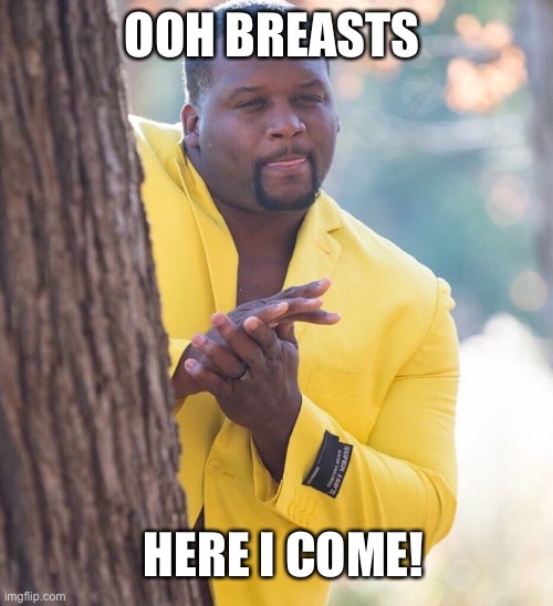 Black guy hiding behind tree | OOH BREASTS HERE I COME! | image tagged in black guy hiding behind tree | made w/ Imgflip meme maker