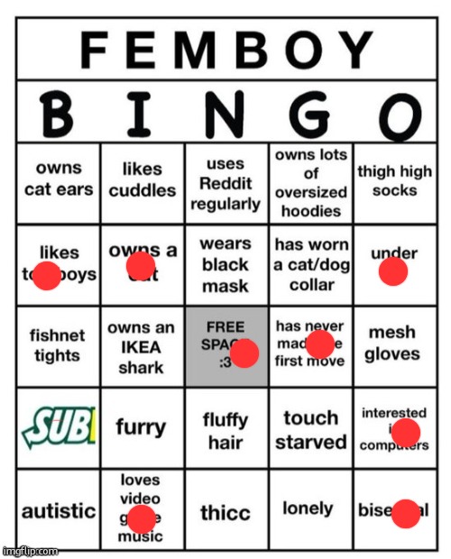 It's distressing how I ticked more than two of these | image tagged in femboy bingo | made w/ Imgflip meme maker