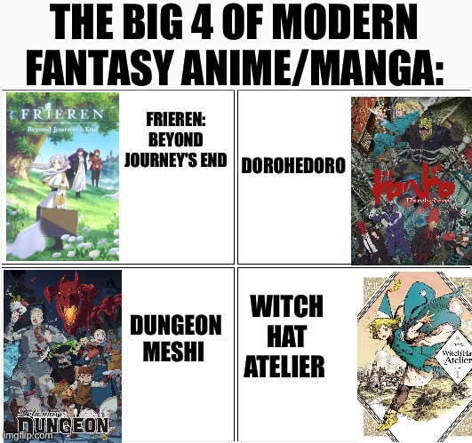 Blank Comic Panel 2x2 Meme | THE BIG 4 OF MODERN FANTASY ANIME/MANGA:; FRIEREN: BEYOND JOURNEY'S END; DOROHEDORO; DUNGEON MESHI; WITCH HAT ATELIER | image tagged in memes,blank comic panel 2x2,anime meme,animeme,shitpost,funny memes | made w/ Imgflip meme maker