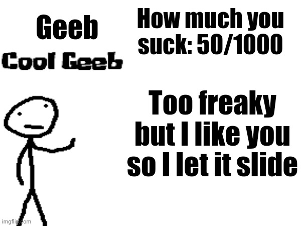 Power Scale 1 | How much you suck: 50/1000; Geeb; Too freaky but I like you so I let it slide | made w/ Imgflip meme maker