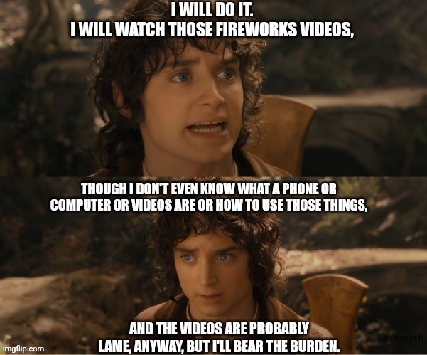 Fireworks videos | Lionmyth | image tagged in frodo i will take the ring to mordor,lord of the rings,videos,fireworks,lotr | made w/ Imgflip meme maker