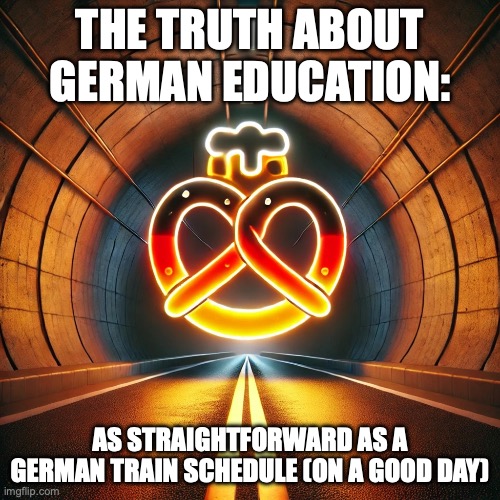 German Pretzel | THE TRUTH ABOUT GERMAN EDUCATION:; AS STRAIGHTFORWARD AS A GERMAN TRAIN SCHEDULE (ON A GOOD DAY) | image tagged in german pretzel | made w/ Imgflip meme maker