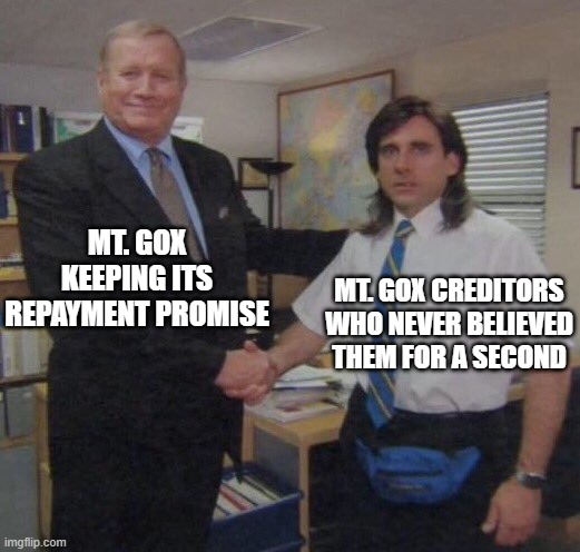 the office congratulations | MT. GOX KEEPING ITS REPAYMENT PROMISE; MT. GOX CREDITORS WHO NEVER BELIEVED THEM FOR A SECOND | image tagged in the office congratulations | made w/ Imgflip meme maker