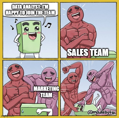 Data Analyst Beatdown | DATA ANALYST: I'M HAPPY TO JOIN THE TEAM; SALES TEAM; MARKETING TEAM | image tagged in beatdown,office humor | made w/ Imgflip meme maker