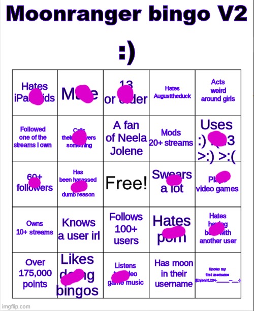 FYI, for the follower count mark, I'm counting my old accounts | image tagged in moonranger bingo v2 | made w/ Imgflip meme maker