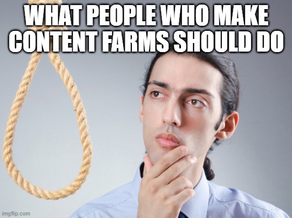 noose | WHAT PEOPLE WHO MAKE CONTENT FARMS SHOULD DO | image tagged in noose | made w/ Imgflip meme maker