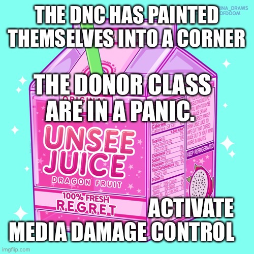 Presidential Decline | THE DNC HAS PAINTED THEMSELVES INTO A CORNER; THE DONOR CLASS ARE IN A PANIC. ACTIVATE; MEDIA DAMAGE CONTROL | image tagged in unsee juice | made w/ Imgflip meme maker