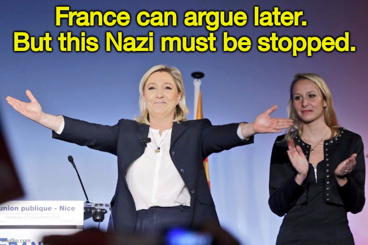 Marine Le Pen | France can argue later.  But this Nazi must be stopped. | image tagged in marine le pen | made w/ Imgflip meme maker