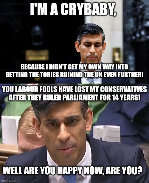 Rishi Sunak upset that he's lost the general election | I'M A CRYBABY, BECAUSE I DIDN'T GET MY OWN WAY INTO GETTING THE TORIES RUINING THE UK EVEN FURTHER! YOU LABOUR FOOLS HAVE LOST MY CONSERVATIVES AFTER THEY RULED PARLIAMENT FOR 14 YEARS! WELL ARE YOU HAPPY NOW, ARE YOU? | image tagged in rishi sunak,prime minister,conservatives,crying baby,angry man,rishi sunak crying | made w/ Imgflip meme maker