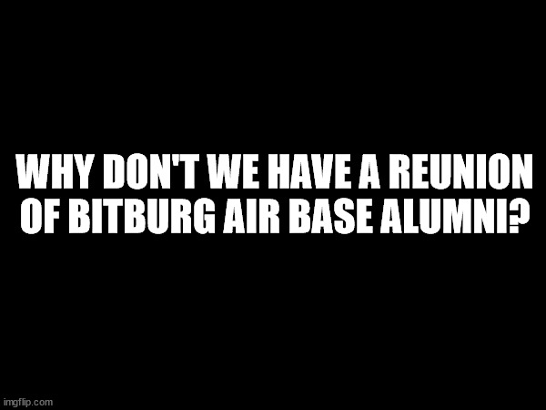 Bitburg Airbase Reunion | WHY DON'T WE HAVE A REUNION OF BITBURG AIR BASE ALUMNI? | image tagged in air force,reunion,usa,germany,memes,eagle | made w/ Imgflip meme maker