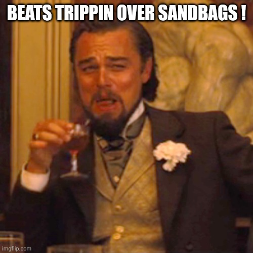 Laughing Leo Meme | BEATS TRIPPIN OVER SANDBAGS ! | image tagged in memes,laughing leo | made w/ Imgflip meme maker