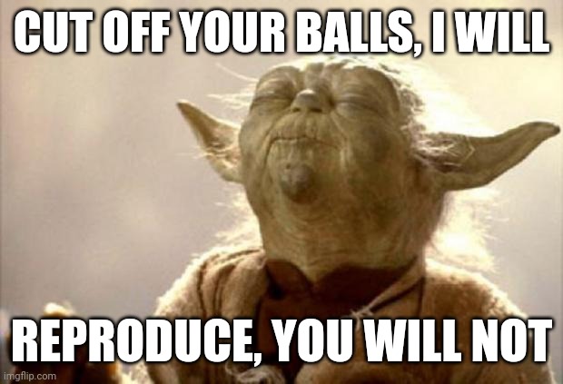 yoda smell | CUT OFF YOUR BALLS, I WILL; REPRODUCE, YOU WILL NOT | image tagged in yoda smell | made w/ Imgflip meme maker
