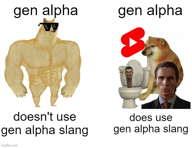 Buff Doge vs. Cheems | gen alpha; gen alpha; doesn't use gen alpha slang; does use gen alpha slang | image tagged in memes,buff doge vs cheems | made w/ Imgflip meme maker