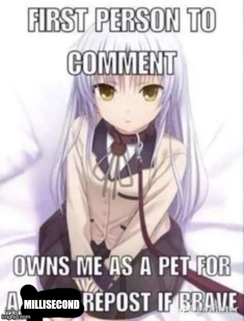 first person to comment owns as a pet for a week | MILLISECOND | image tagged in first person to comment owns as a pet for a week | made w/ Imgflip meme maker