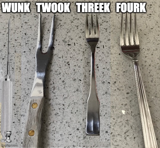 Why Do They Call It That? | WUNK   TWOOK   THREEK   FOURK | image tagged in silverware,utensils,fork | made w/ Imgflip meme maker