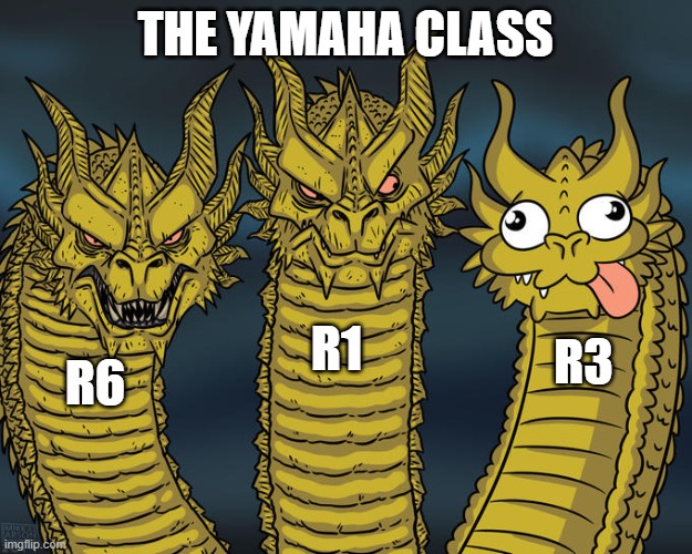 #motocycles  #speedlimitis #missiles #twowheels #yamaha #R6 #R1 #R3 | THE YAMAHA CLASS; R1; R3; R6 | image tagged in three-headed dragon | made w/ Imgflip meme maker