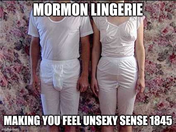 Mormon lingerie | MORMON LINGERIE; MAKING YOU FEEL UNSEXY SENSE 1845 | image tagged in mormon underwear | made w/ Imgflip meme maker
