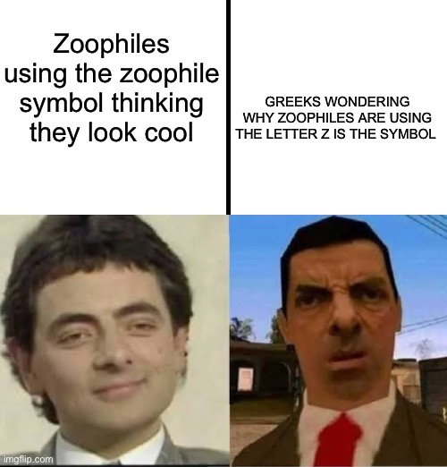 ? | Zoophiles using the zoophile symbol thinking they look cool; GREEKS WONDERING WHY ZOOPHILES ARE USING THE LETTER Z IS THE SYMBOL | image tagged in mr bean | made w/ Imgflip meme maker