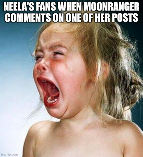 crying girl | NEELA'S FANS WHEN MOONRANGER COMMENTS ON ONE OF HER POSTS | image tagged in crying girl,neela jolene | made w/ Imgflip meme maker