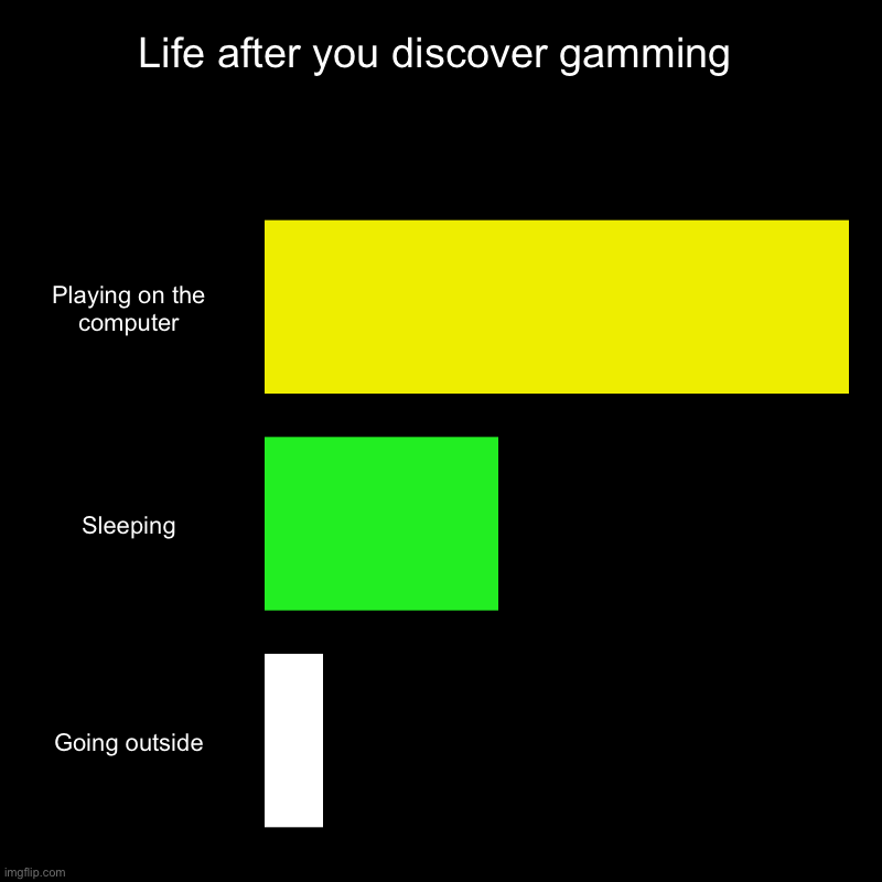 Life after you discover gaming | Life after you discover gamming | Playing on the computer, Sleeping, Going outside | image tagged in charts,bar charts | made w/ Imgflip chart maker