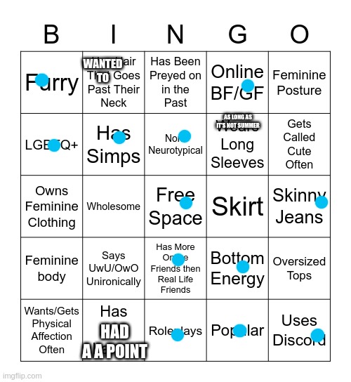 Femboy Bingo | WANTED TO; AS LONG AS IT'S NOT SUMMER; HAD A A POINT | image tagged in femboy bingo | made w/ Imgflip meme maker