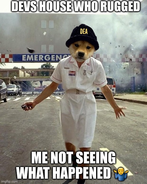 Crypto scam rug dog enforcement Agency | DEVS HOUSE WHO RUGGED; ME NOT SEEING WHAT HAPPENED 🤷‍♂️ | image tagged in joker nurse,dog,bad idea | made w/ Imgflip meme maker