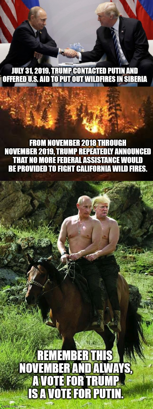 Putin is Trump's hero & role model. Vote Democracy. Vote Biden. | JULY 31, 2019, TRUMP CONTACTED PUTIN AND OFFERED U.S. AID TO PUT OUT WILDFIRES IN SIBERIA; FROM NOVEMBER 2018 THROUGH NOVEMBER 2019, TRUMP REPEATEDLY ANNOUNCED THAT NO MORE FEDERAL ASSISTANCE WOULD BE PROVIDED TO FIGHT CALIFORNIA WILD FIRES. REMEMBER THIS
 NOVEMBER AND ALWAYS,
 A VOTE FOR TRUMP
 IS A VOTE FOR PUTIN. | image tagged in trump is putins puppet,trump wants to be dictator,never trump | made w/ Imgflip meme maker